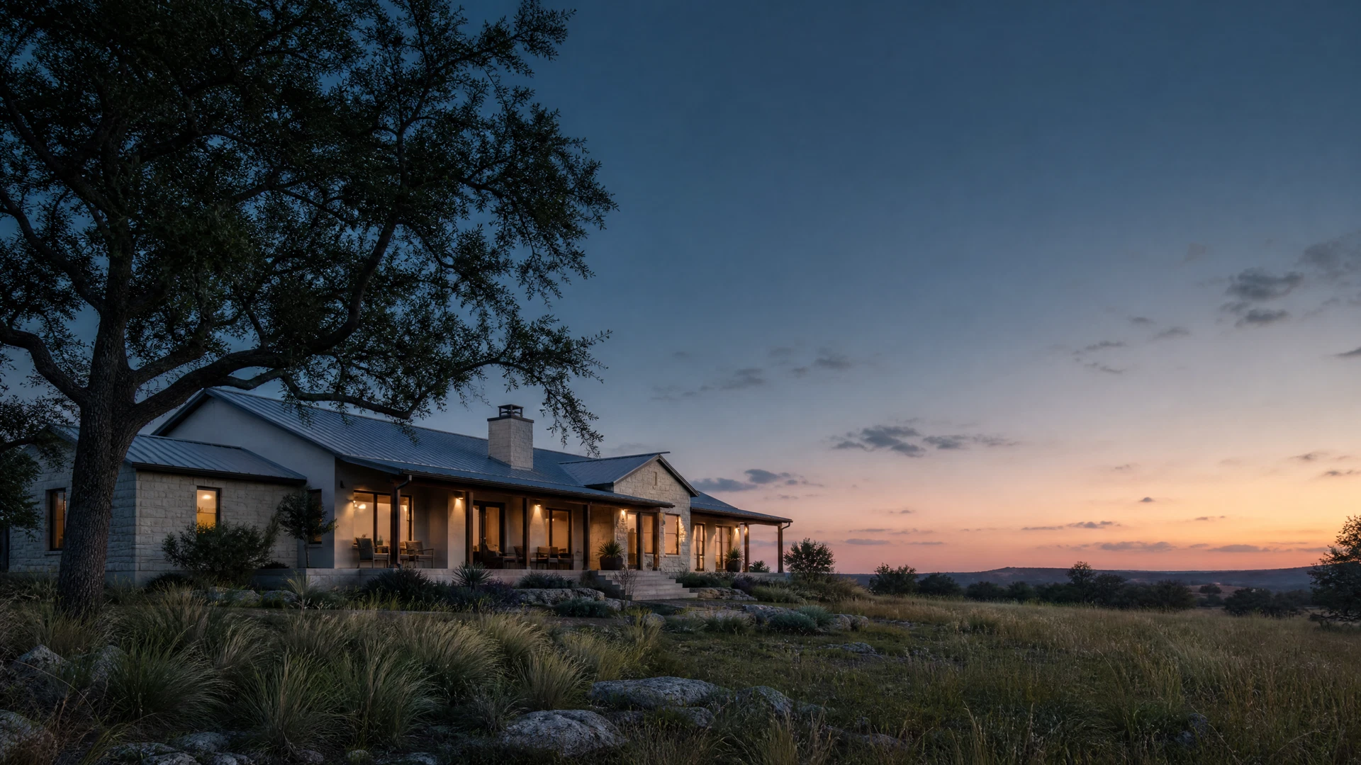 Texas homestead beneath a mature oak at sunrise
